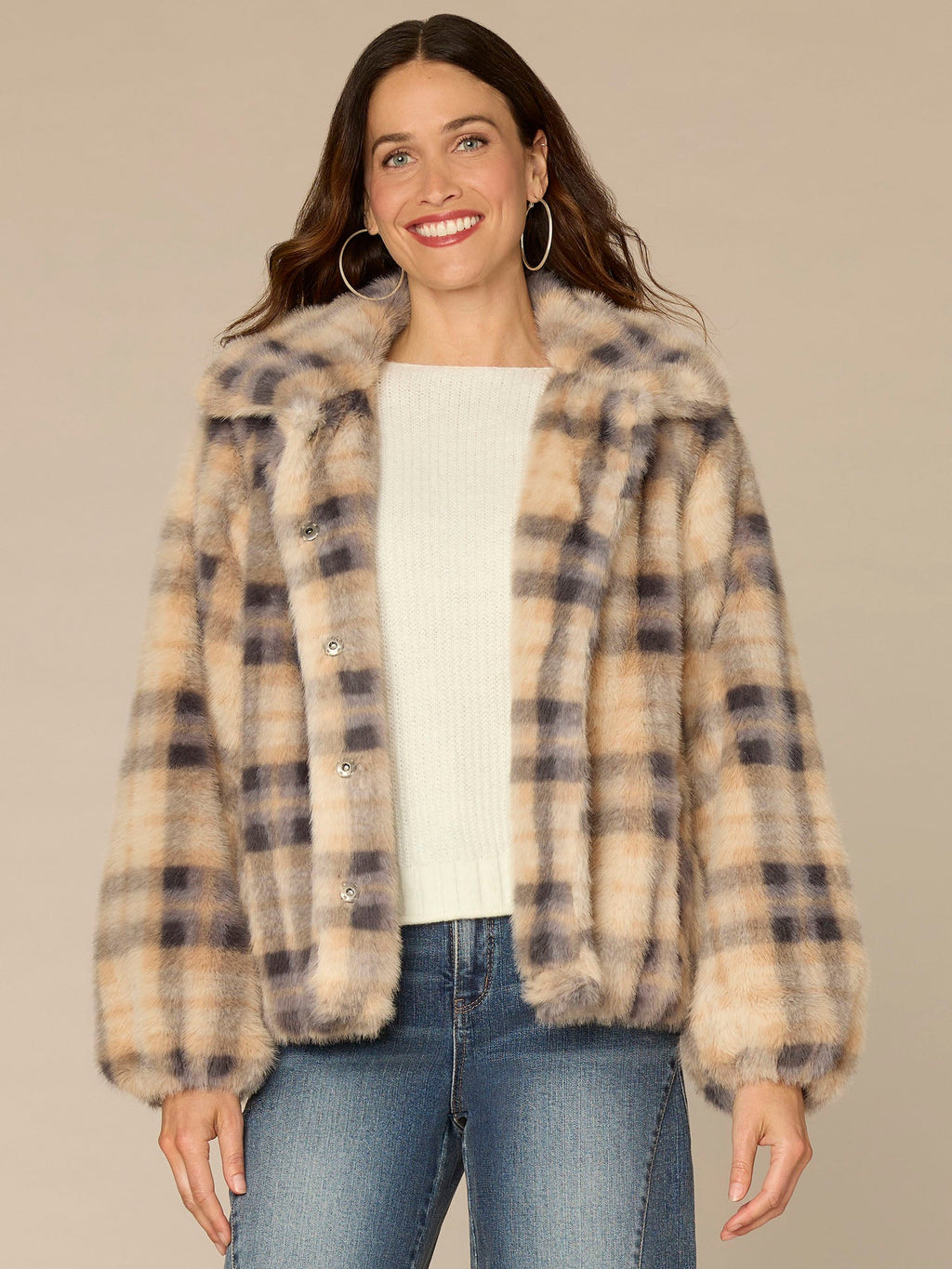 Blouson Sleeve Collared Button Front Plaid Woven Faux Fur Jacket