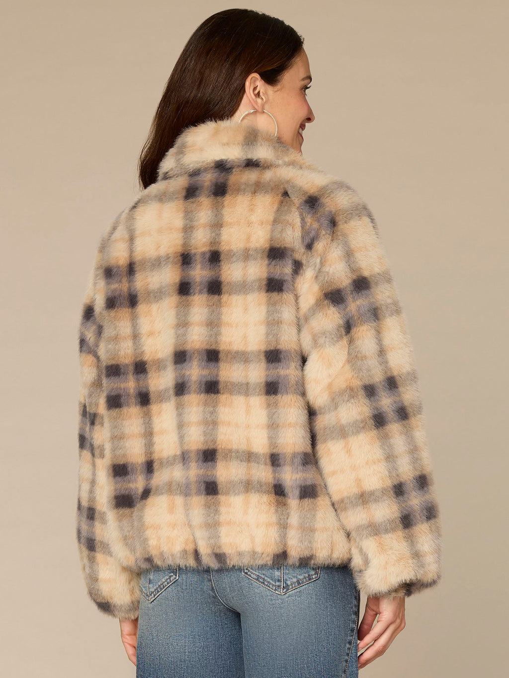 Blouson Sleeve Collared Button Front Plaid Woven Faux Fur Jacket