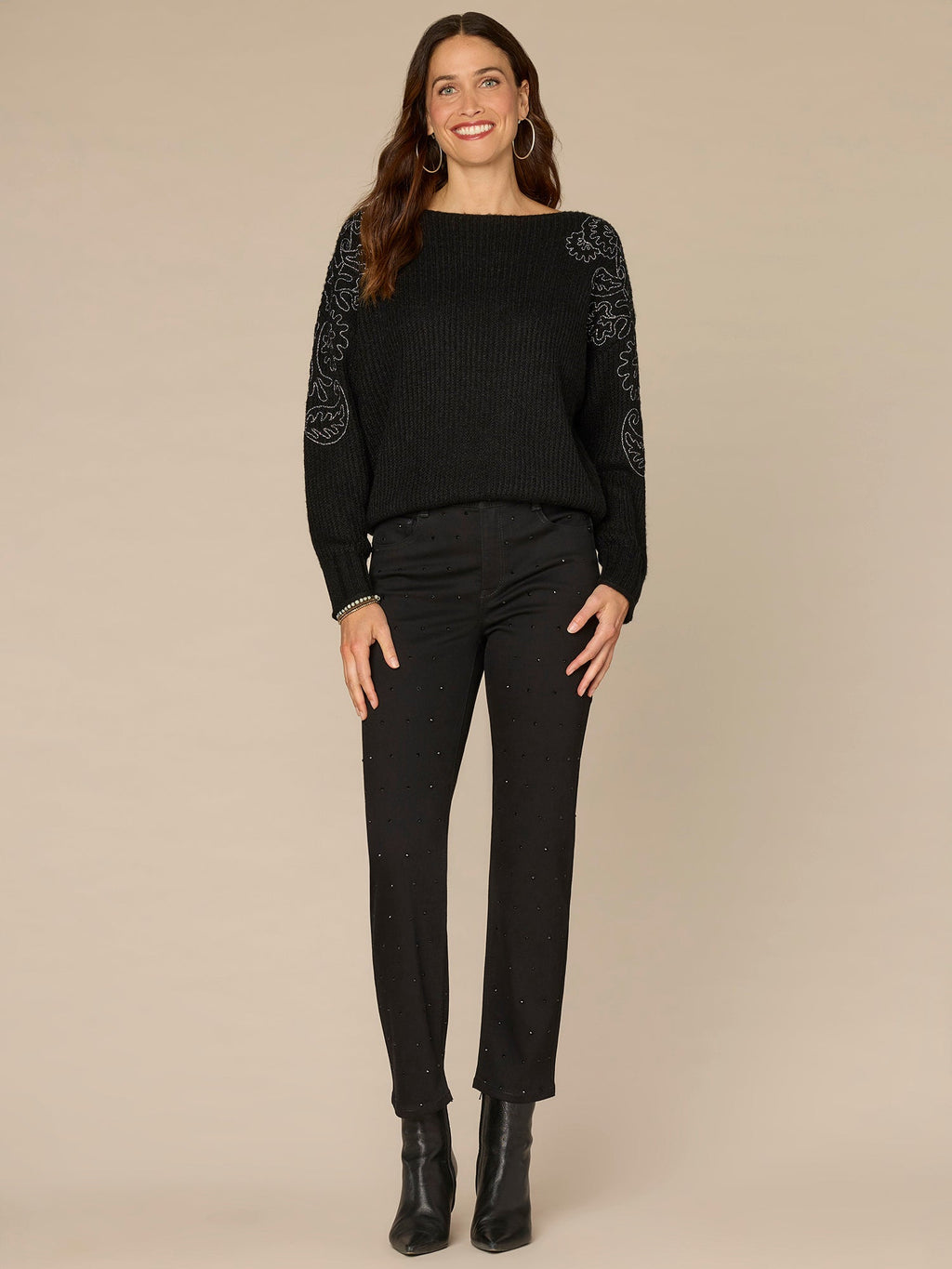 Long Sleeve Boat Neck Embroidered Shoulder Pull Over Sweater