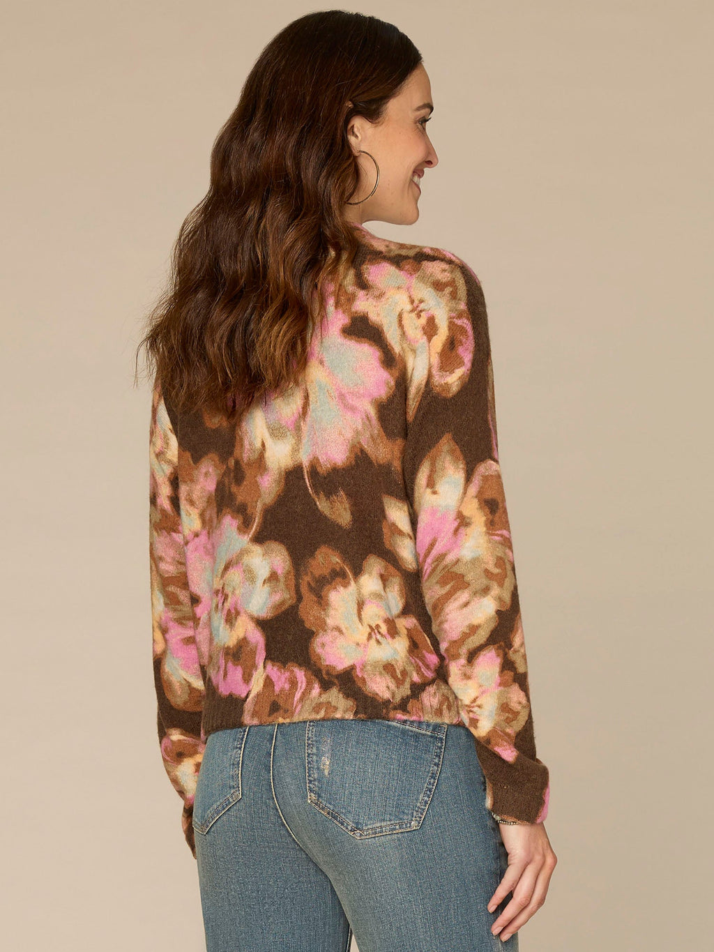Long Ruched Sleeve Round Mock Neck Abstract Floral Print Sweater