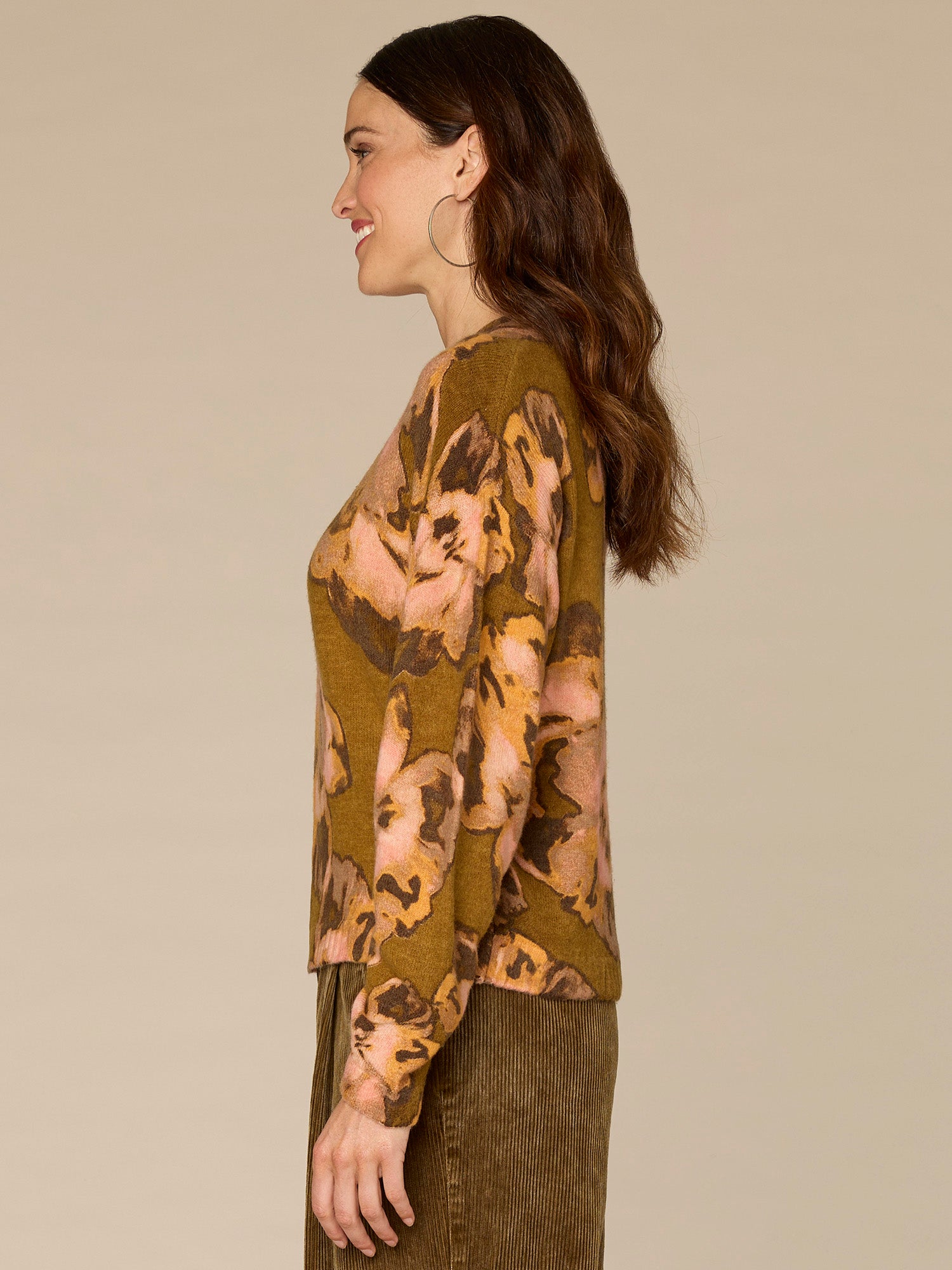 Long Ruched Sleeve Round Mock Neck Abstract Floral Print Sweater