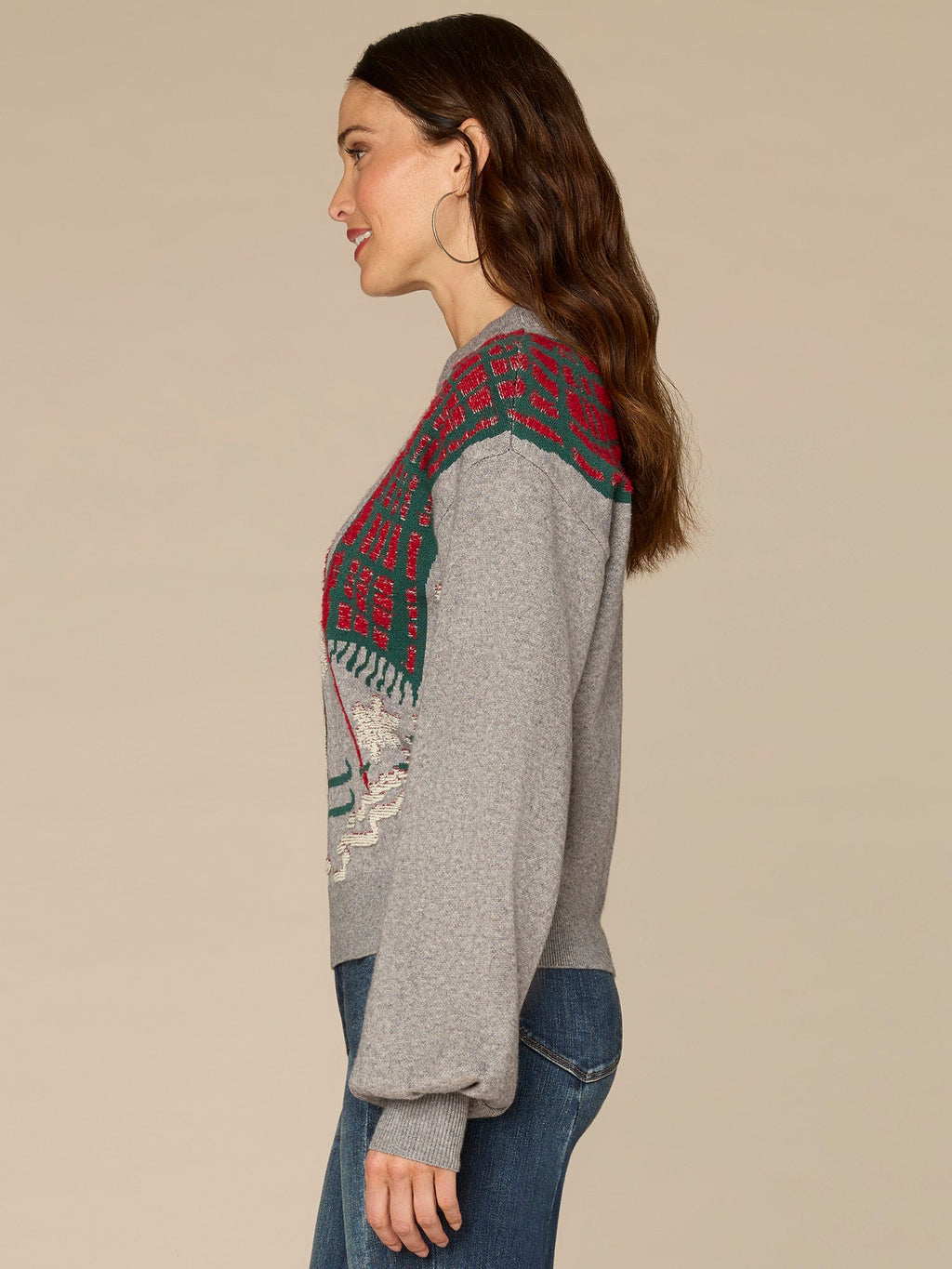 Long Sleeve High Round Neck Placement Skiing Dog Jacquard Sweater