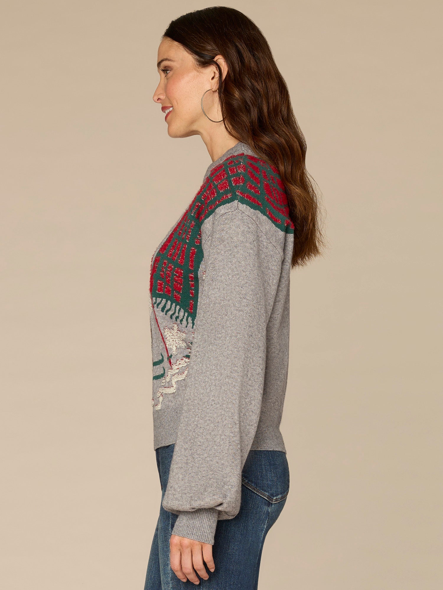 Long Sleeve High Round Neck Placement Skiing Dog Jacquard Sweater