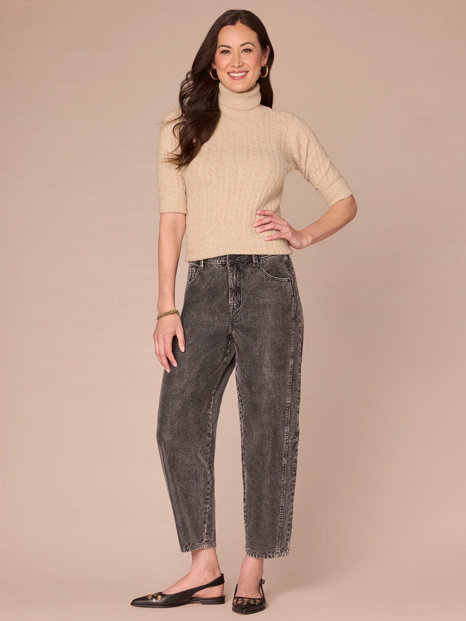 Cuffed Elbow Sleeve Turtle Neck Cable Stitch Mix Sweater