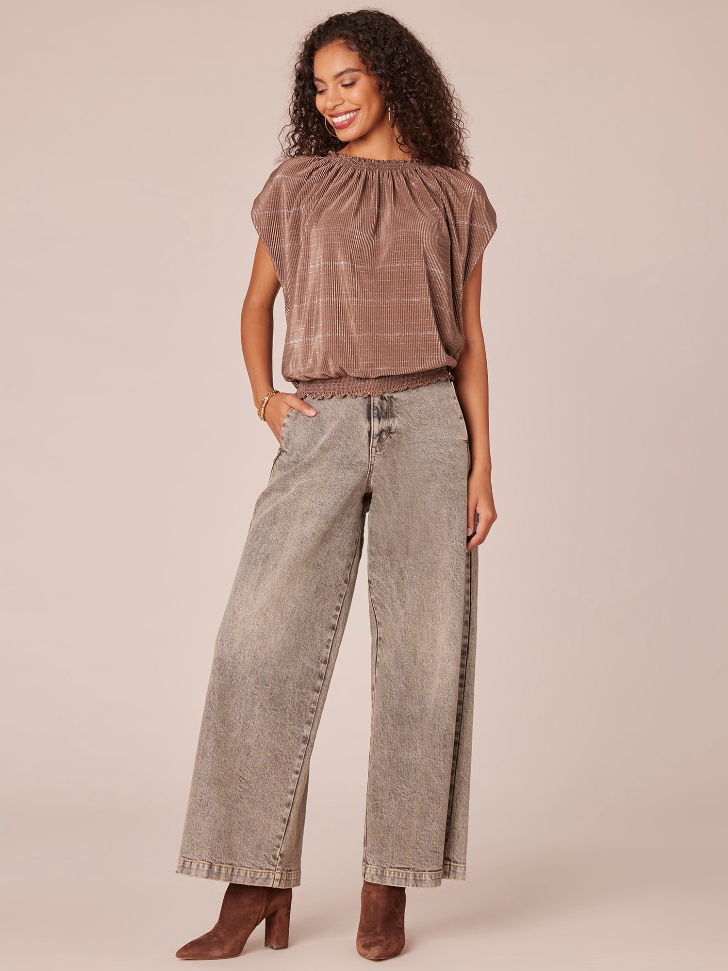 Extended Cap Sleeve Smock Crew Neck Striped Foil Bodre Knit Top