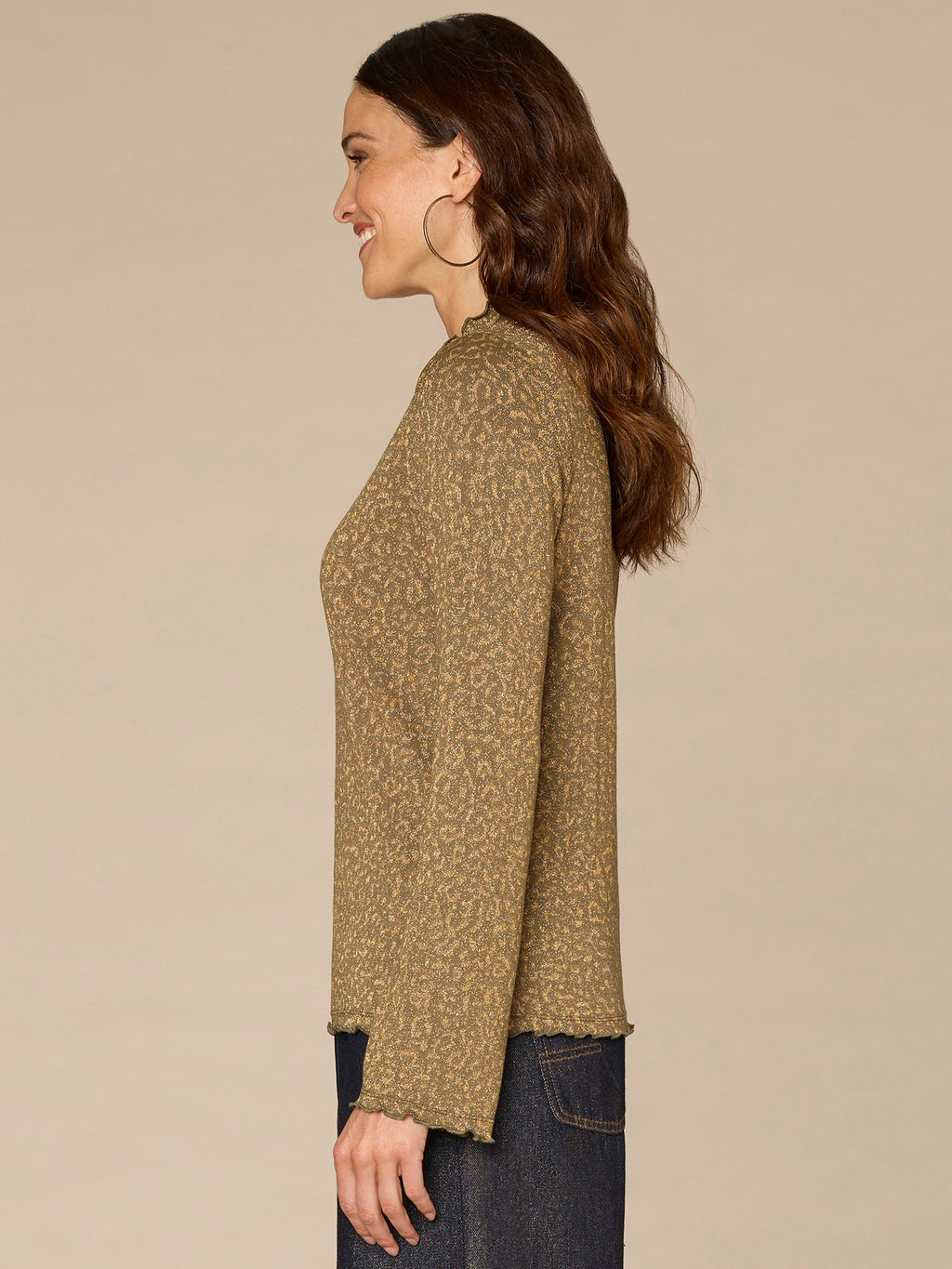 Long Bell Sleeve Mock Neck Knit Top with Lettuce Edge Detail