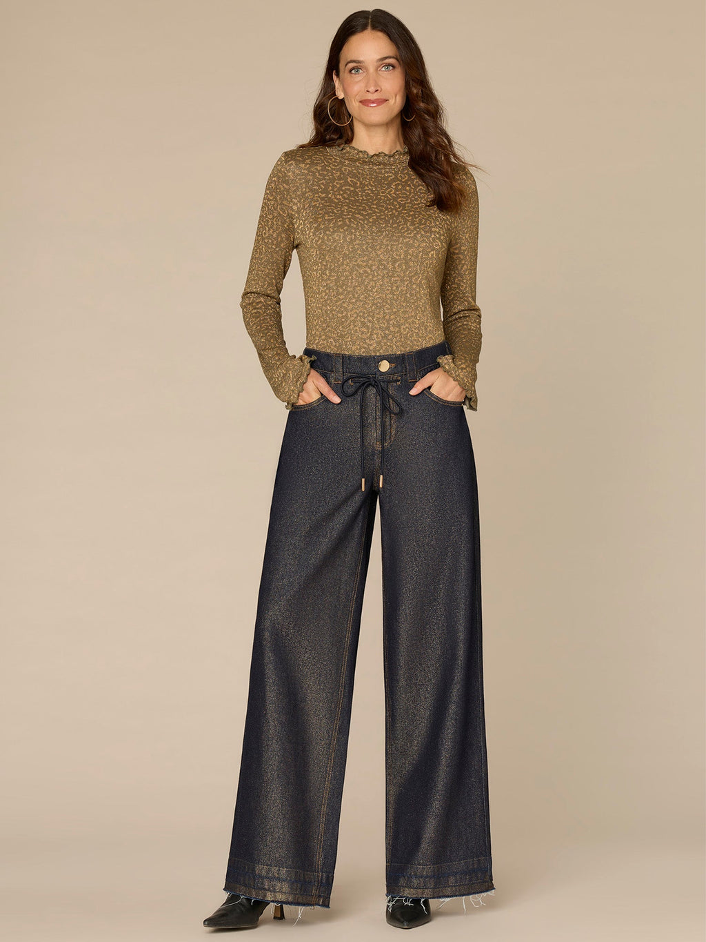 Long Bell Sleeve Mock Neck Knit Top with Lettuce Edge Detail