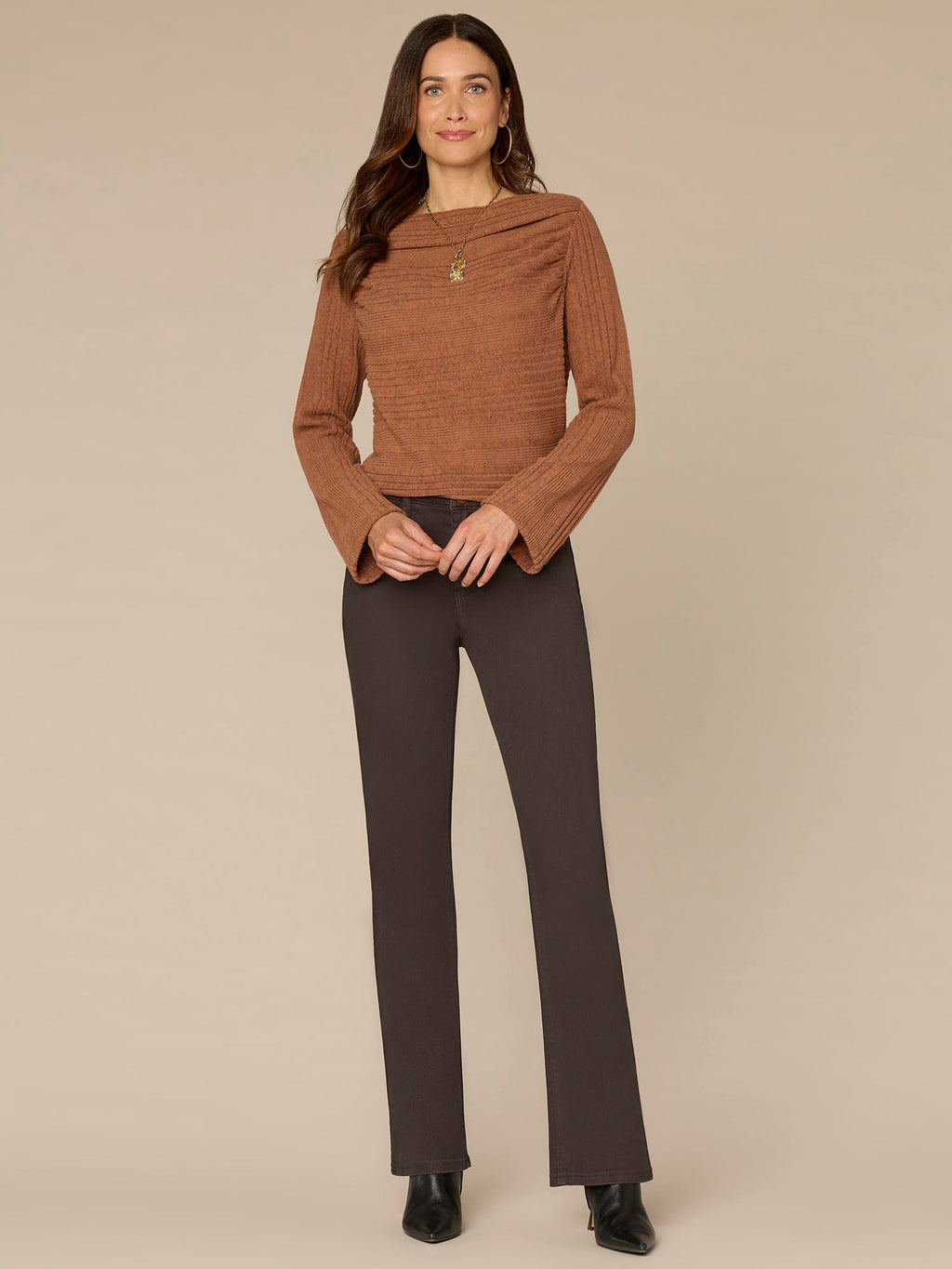 Long Sleeve Drapey Boat Neck Shirttail Hem Knit Top