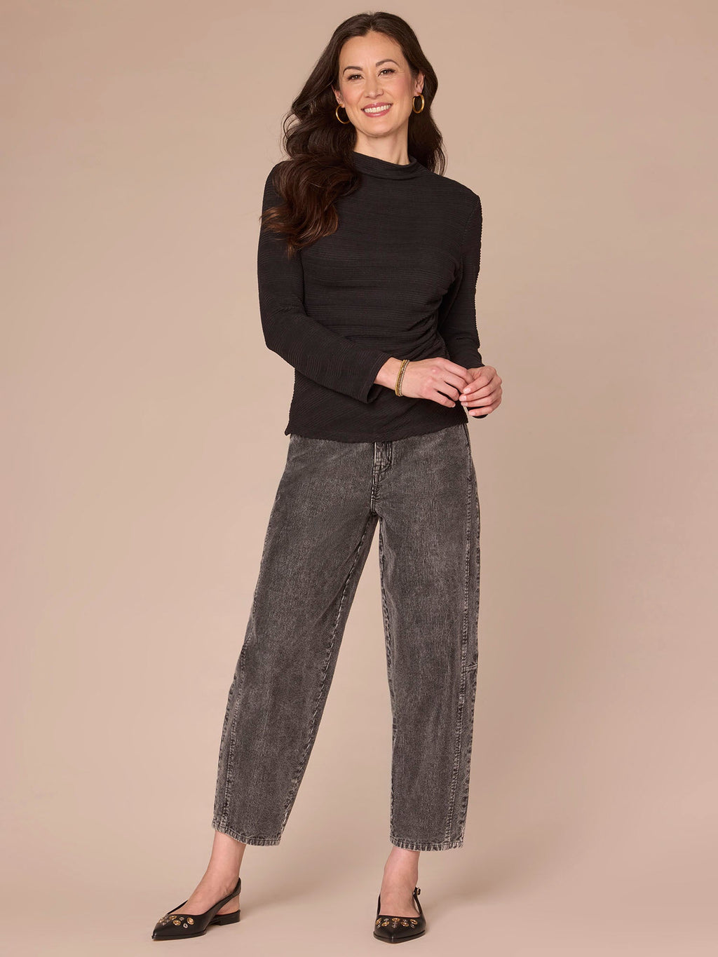 Long Sleeve Mock Neck Asymmetrical Side Ruching Knit Top