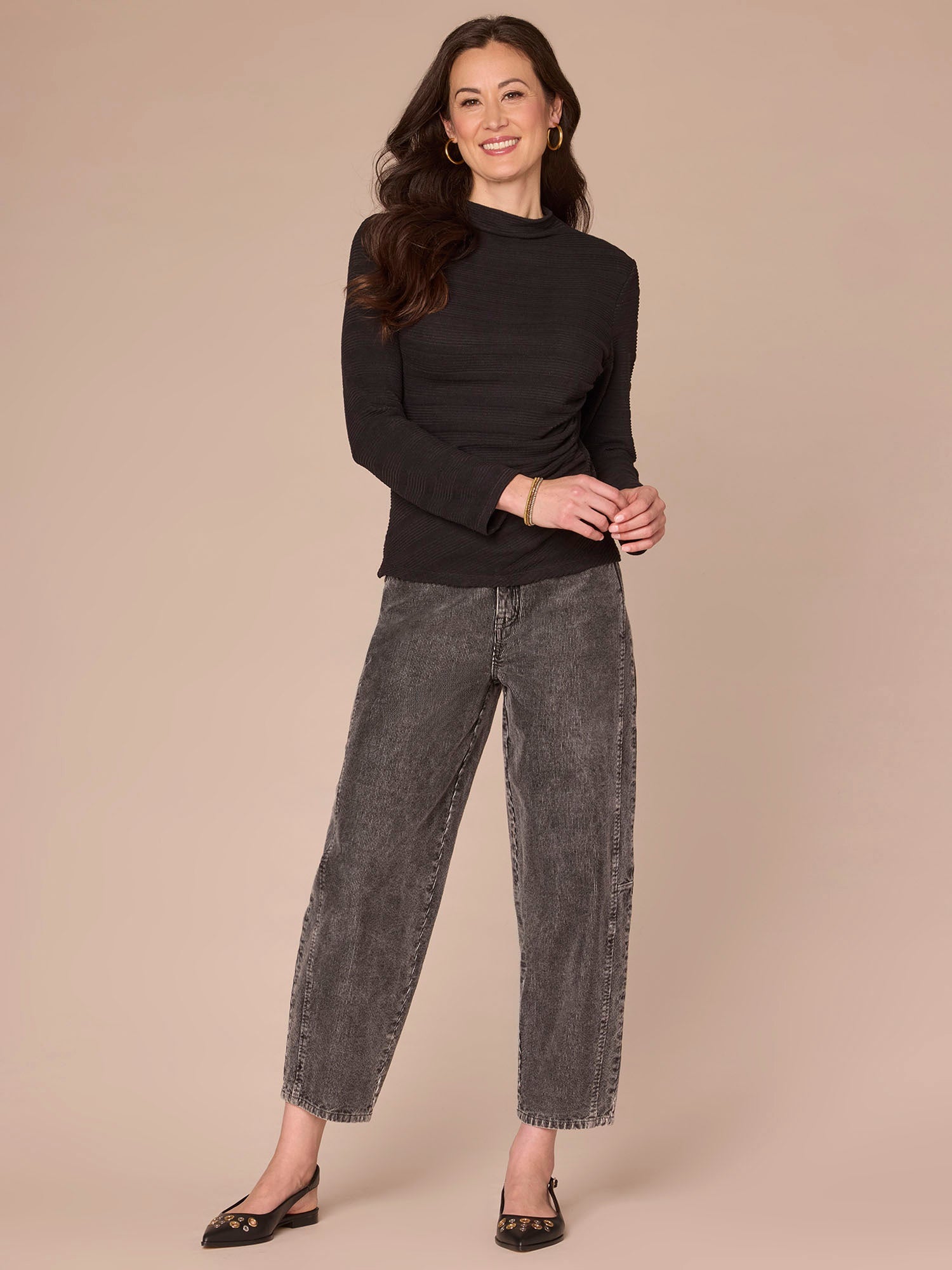 Long Sleeve Mock Neck Asymmetrical Side Ruching Knit Top