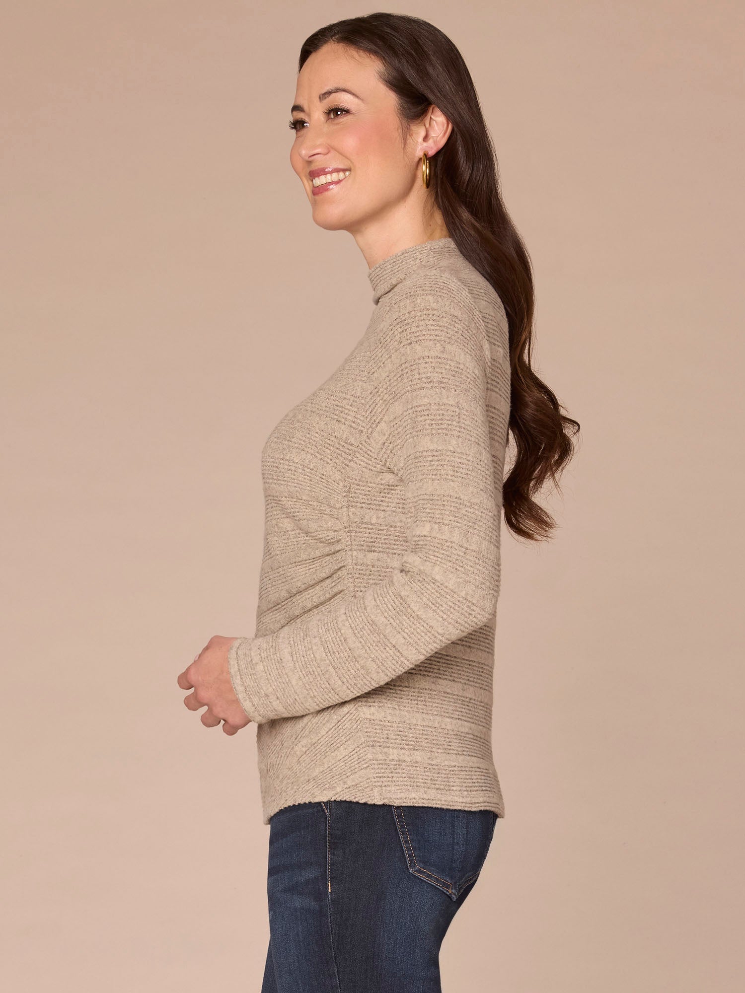 Long Sleeve Mock Neck Asymmetrical Side Ruching Knit Top