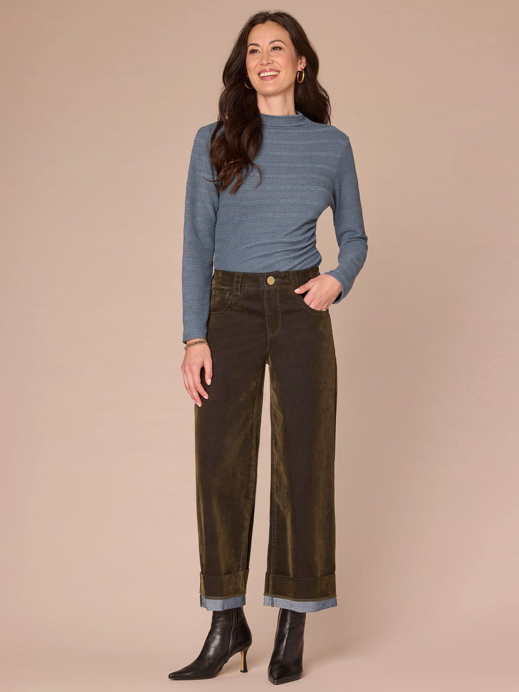 Long Sleeve Mock Neck Asymmetrical Side Ruching Knit Top